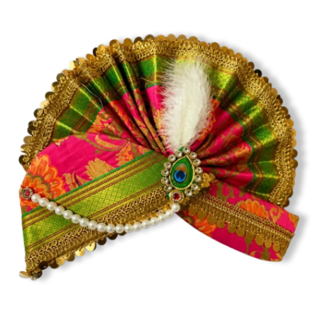 HALDI MEHENDI SHAADI Ganpati Pheta with Feather Tura - Banarasi Brocade Ganesh Mukut Pagdi with Pearl Mala and Gota Lace, Adjustable Murti Decoration Items for Pooja at Home-image-9