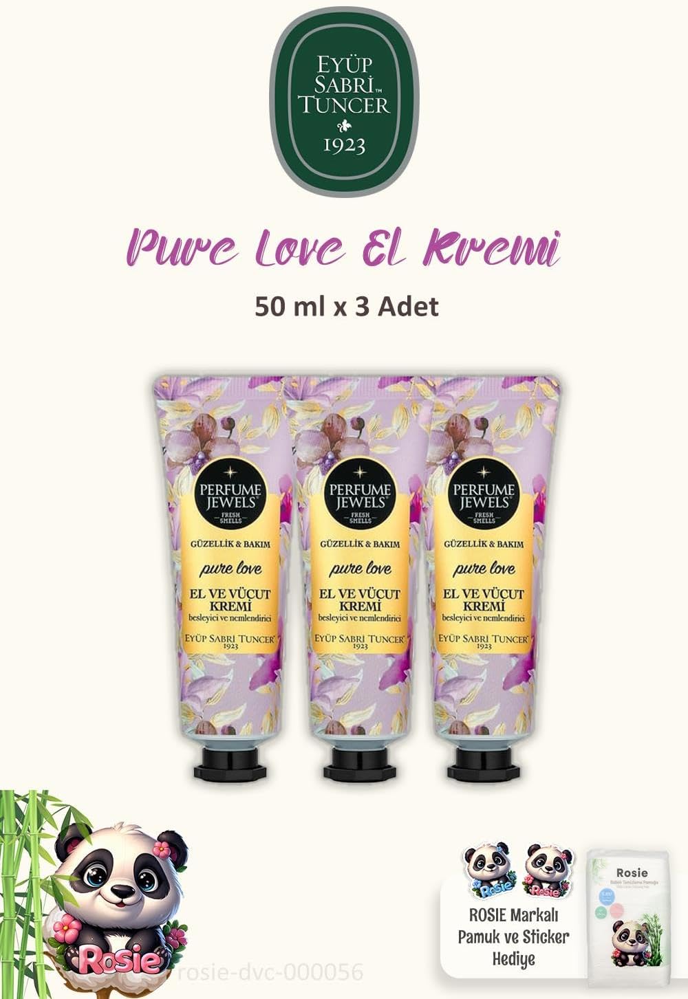 Eyüp Sabri Tuncer 3'lü Pure Love El ve Vücut Kremi 50 ml Tüp ve ROSIE Pamuk 60'lı