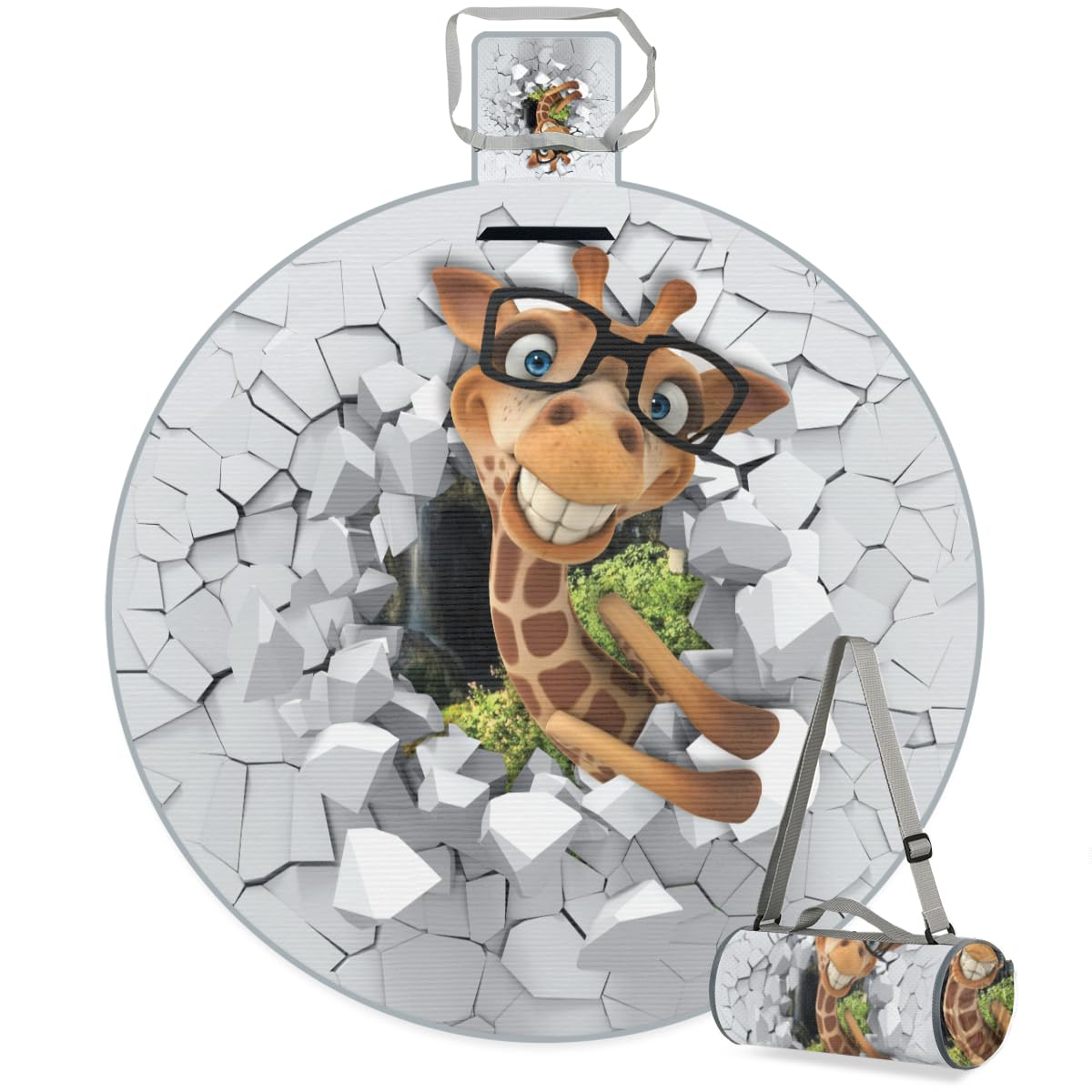 Shimoshe 3D Graphics Dee Picnic Outdoor Blanket Foldable Waterproof Sandproof Beach Blanket Portable Water-Resistant Round Picnic Mat for Travel Camping Park Lawn