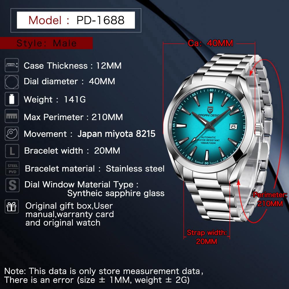 CADISEN Pagani Design Orologio Automatico Uomo Movimento Giapponese | 100 metri impermeabile vetro zaffiro cinturino in acciaio inox orologio di lusso di sport d'affari degli uomini PD-1688