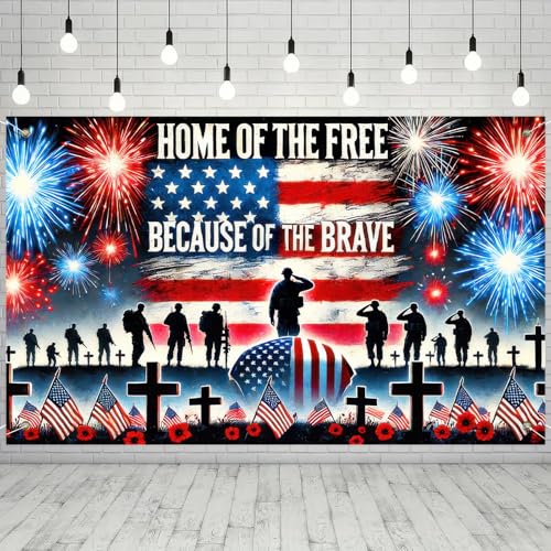 Image of BlissYard Patriotic Memorial Day Banner America Independence Day Backdrop 71 x 43 Inch Home of the Free Because of the Brave Wall Decor Patriotic National Holiday 4th of July Veterans Day Indoor Outdoor Supplies