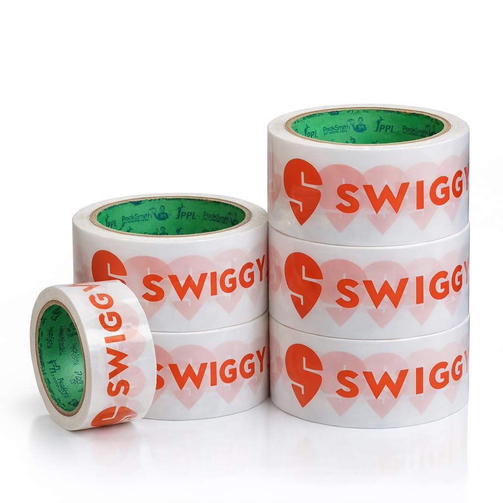 Swiggy food packaging tape | Very strong adhesive tape | Suitable for e-commerce | Packaging material for small food business | (48 mm/2 inch X 65meter) (Pack OF 6)-image-49