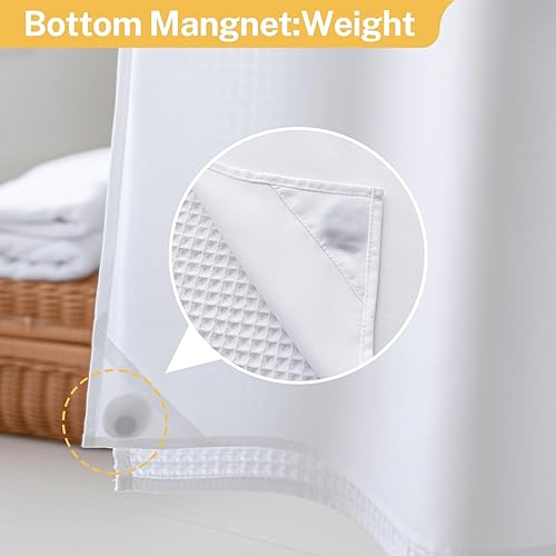 Miniatura 6 de River Dream Cortina de ducha de tejido gofre con forro a presión, cortina de ducha de tela de mezcla de algodón para baño, cortina de ducha con