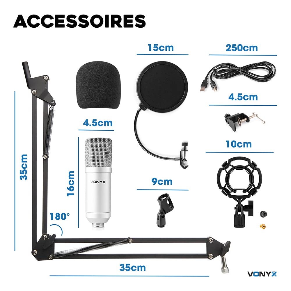 VONYX CMS300S - Microfono YouTube con braccio articolato - Titanio, Micro Professionale con Filtro Anti-Pop, ideale per Gaming, Streaming o per realizzare il contenuto YouTube e Tiktok