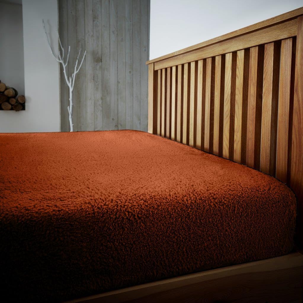 Pinkfairy Brunt Orange Teddy Plain Fleece Fitted Bed Sheet, Easycare Thermal Warm & Cosy Bedding Super Soft Bedsheet (, King)