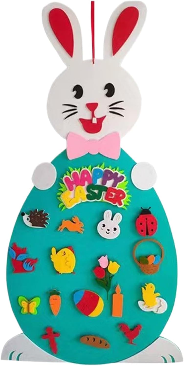 Felt Easter Bunny Craft | Happy Easter Felt Wall Hangings with Removable Ornaments, Easter Theme Home and Holiday Decorations