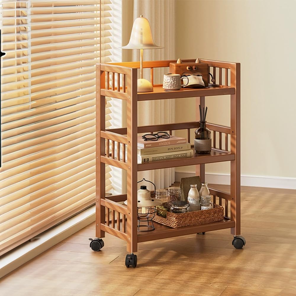 BEOSIOR 3 Tier Bamboo Storage Trolley on Wheels, Wooden Kitchen Trolleys for Book Beauty Craft Trolleys, Rolling Cart for Bathroom Office, Space-Saving Mobile Rack Organizer