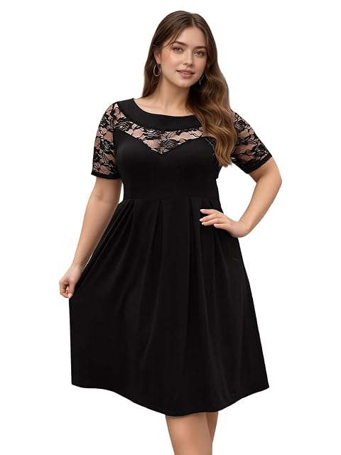 Plus Size Dresses for Curvy Women See Through Lace Panel Semi-Formal Business Casual Work Dress A-Line Midi Dress