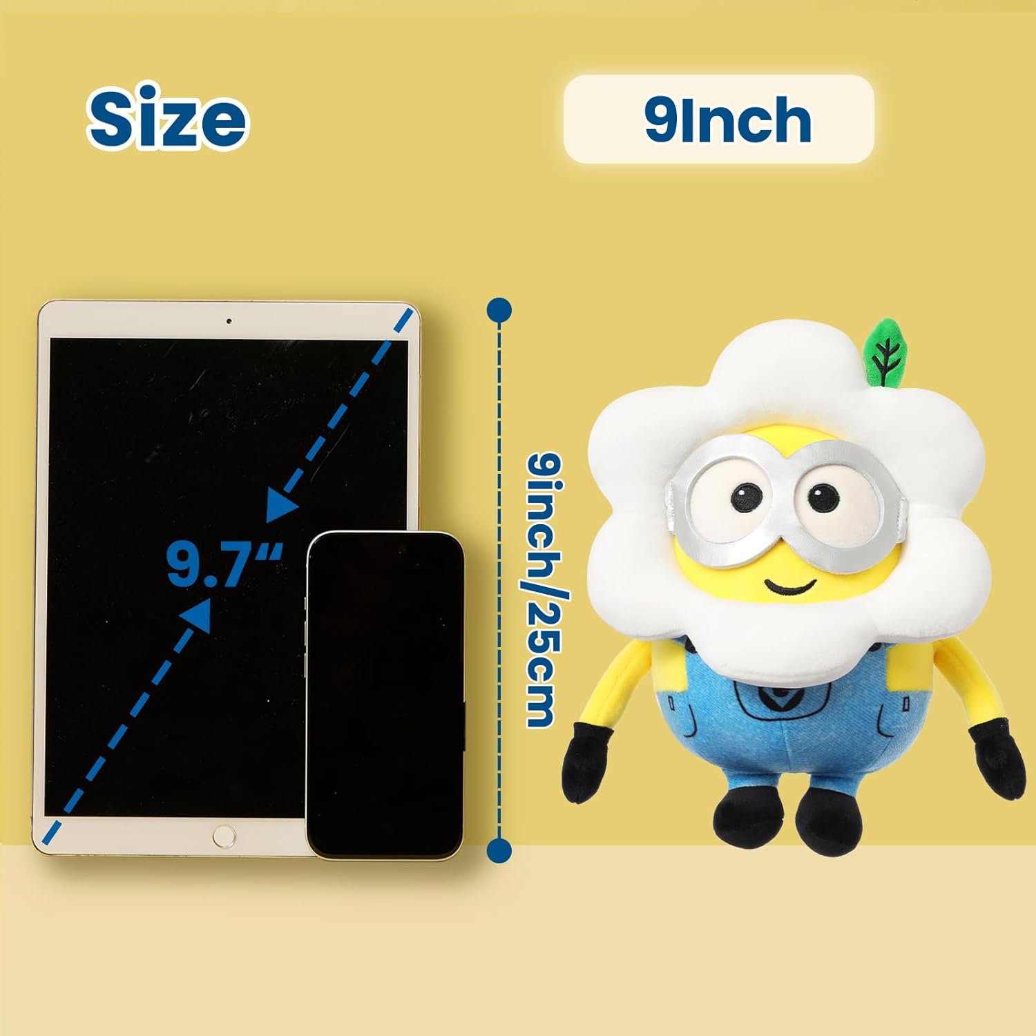 Image showing the 9-inch size of the Minion plush toy compared to a tablet and smartphone