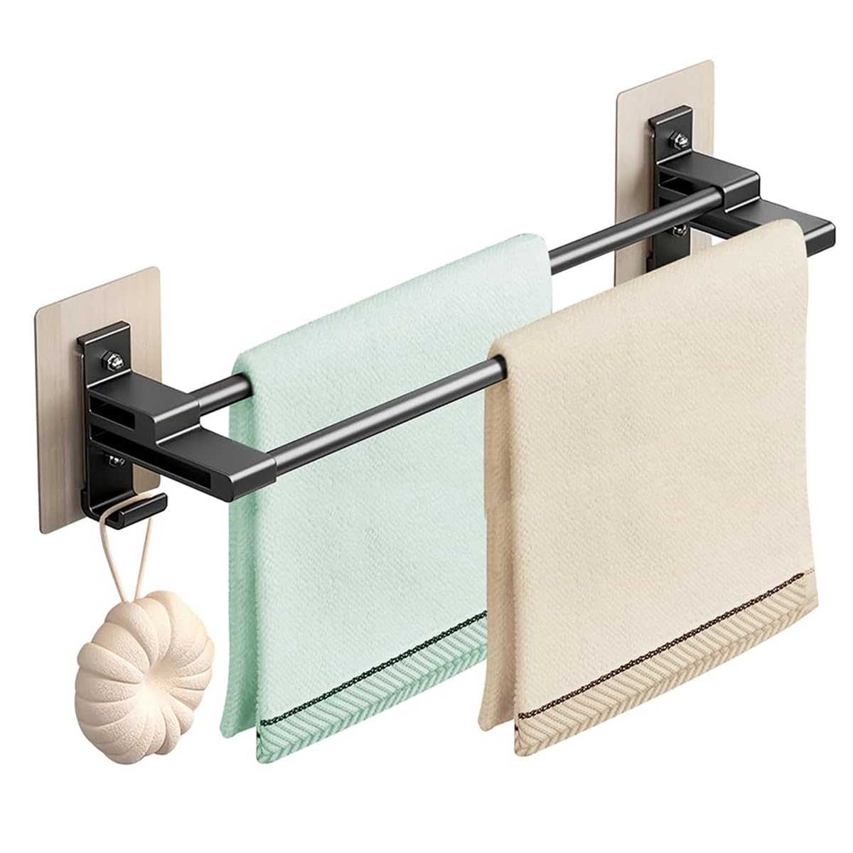 Towel Rail, Self-Adhesive Towel Holder with Anti Rust Aluminium, 2 Tier Double Rod Towel Shelf Bar with 2 Hooks, No Drilling Towel Storage Wall Mounted 40CM for Bathroom Kitchen Shower, black