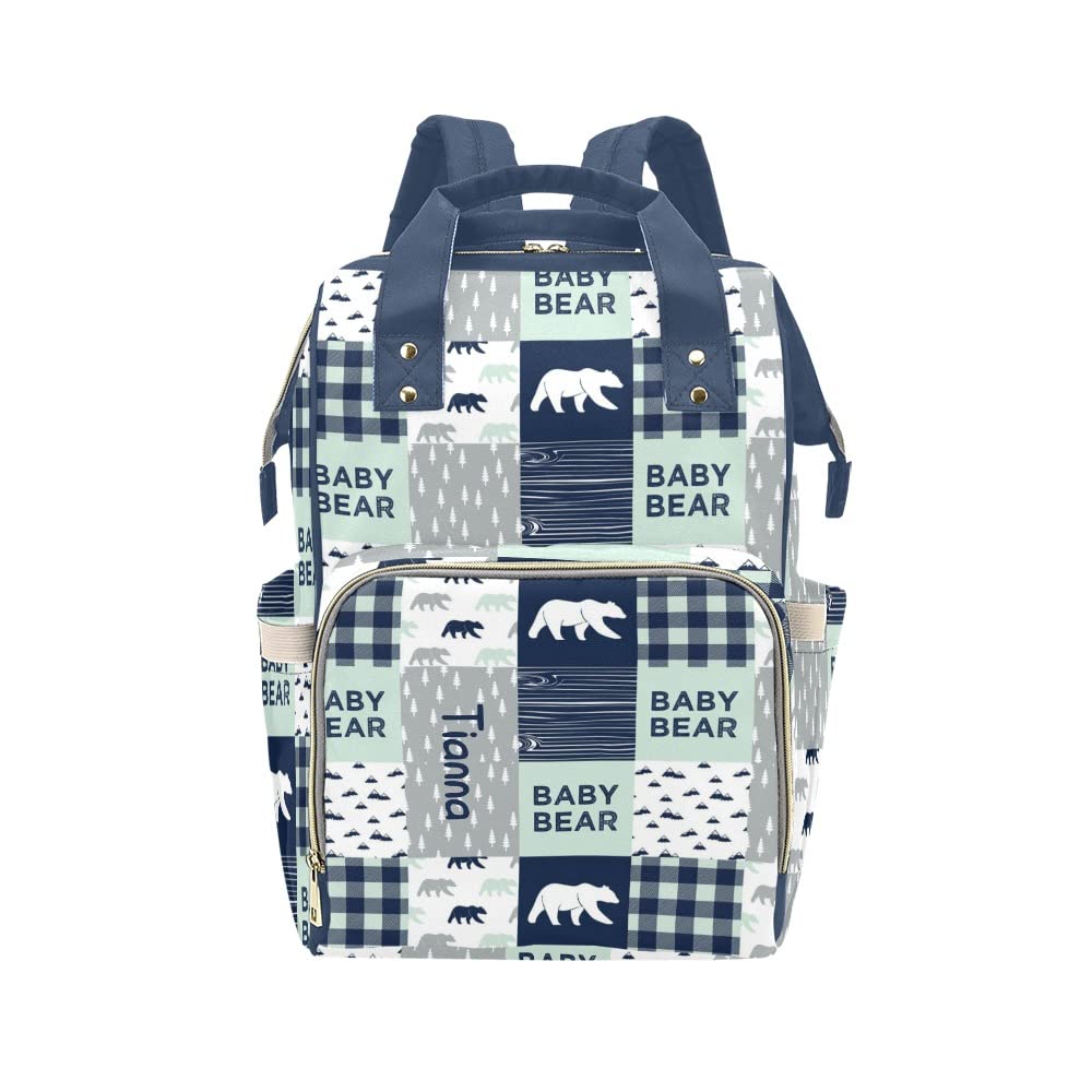 XOZOTY Bear Buffalo Plaid Green Diaper Bags with Name Waterproof Mummy Backpack Nappy Nursing Baby Bags Gifts Tote Bag for Women