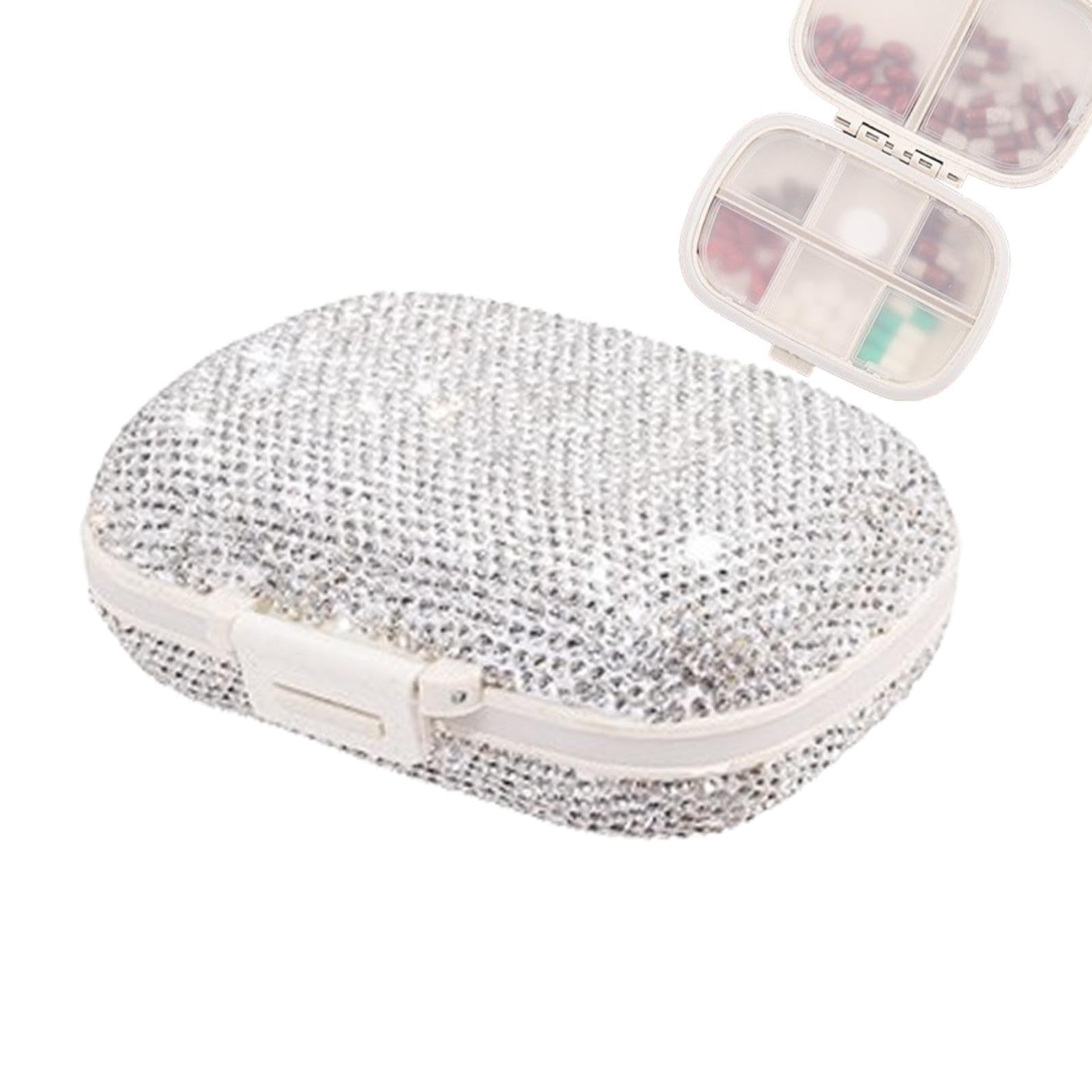 Portapillole - Portapillole con brillantini, portapillole, portapillole con scomparti, organizzatore per pillole da viaggio, organizzatore settimanale per la casa e i viaggi, bianco, rosso, bu