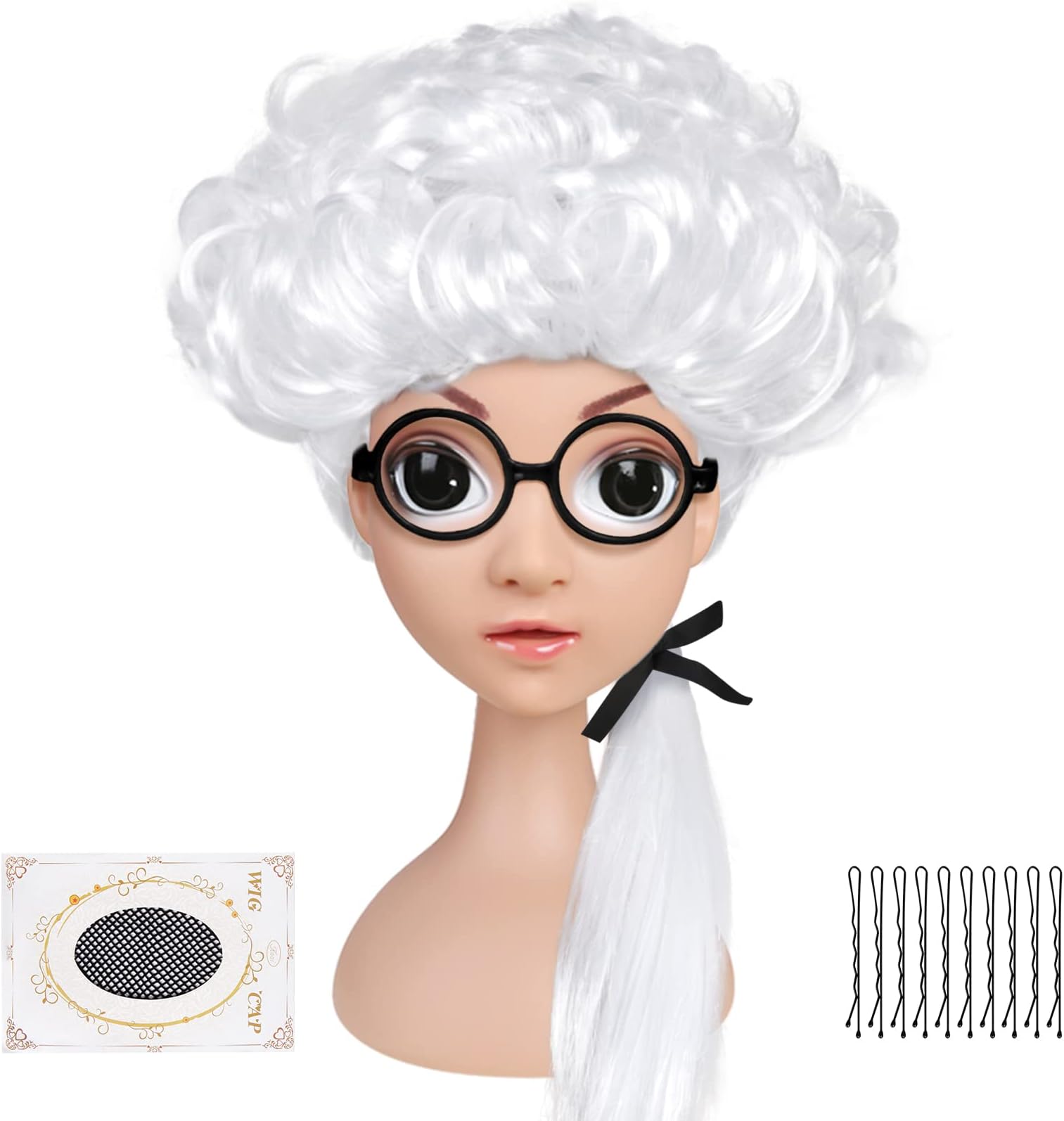 Baroque Wig for Kids - Royal Lord Legal Court Composer Wig Set with Black Round Glasses Frame for School Stage Performance and World Book Day Fancy Dress