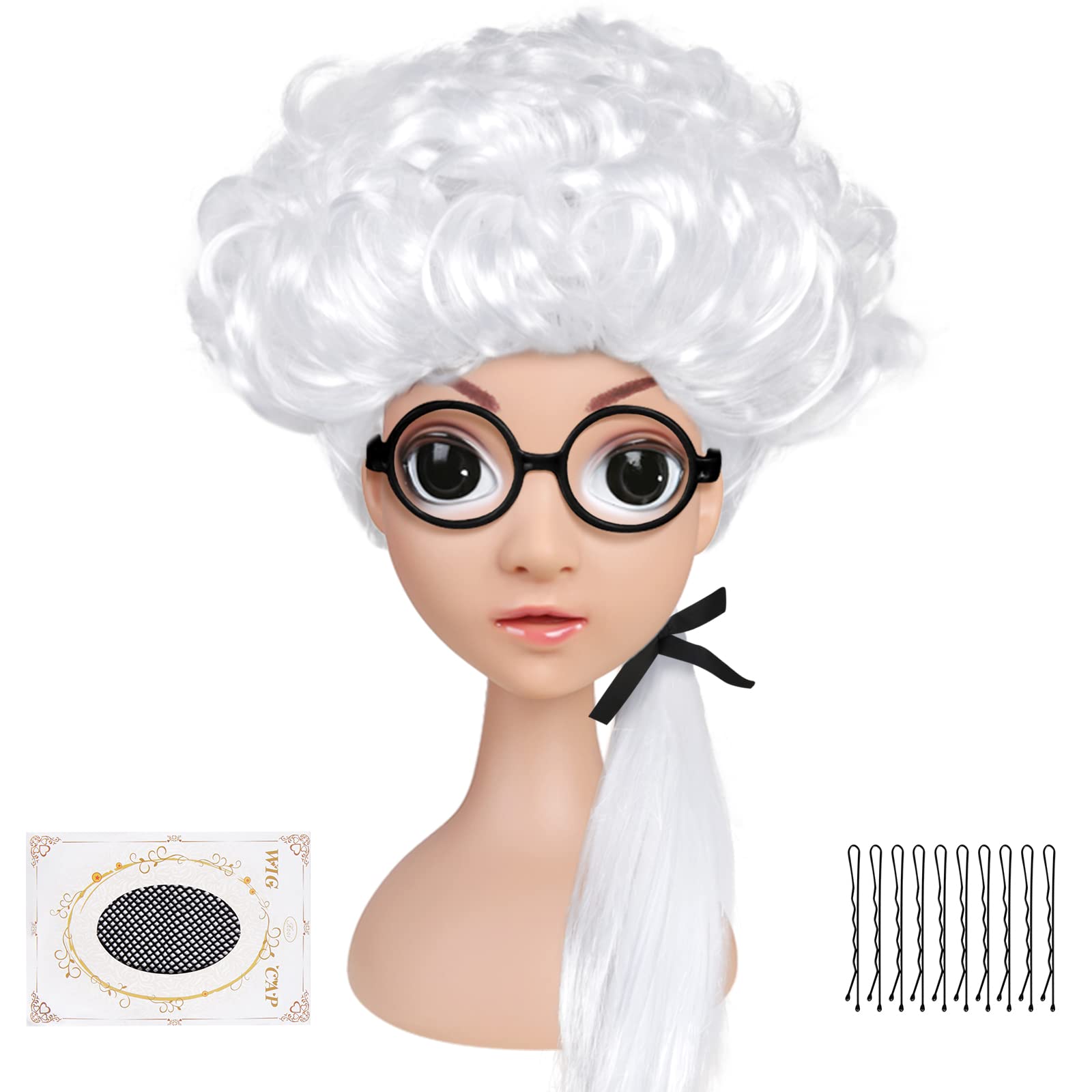 Baroque Wig for Kids - Royal Lord Legal Court Composer Wig Set with Black Round Glasses Frame for School Stage Performance and World Book Day Fancy Dress