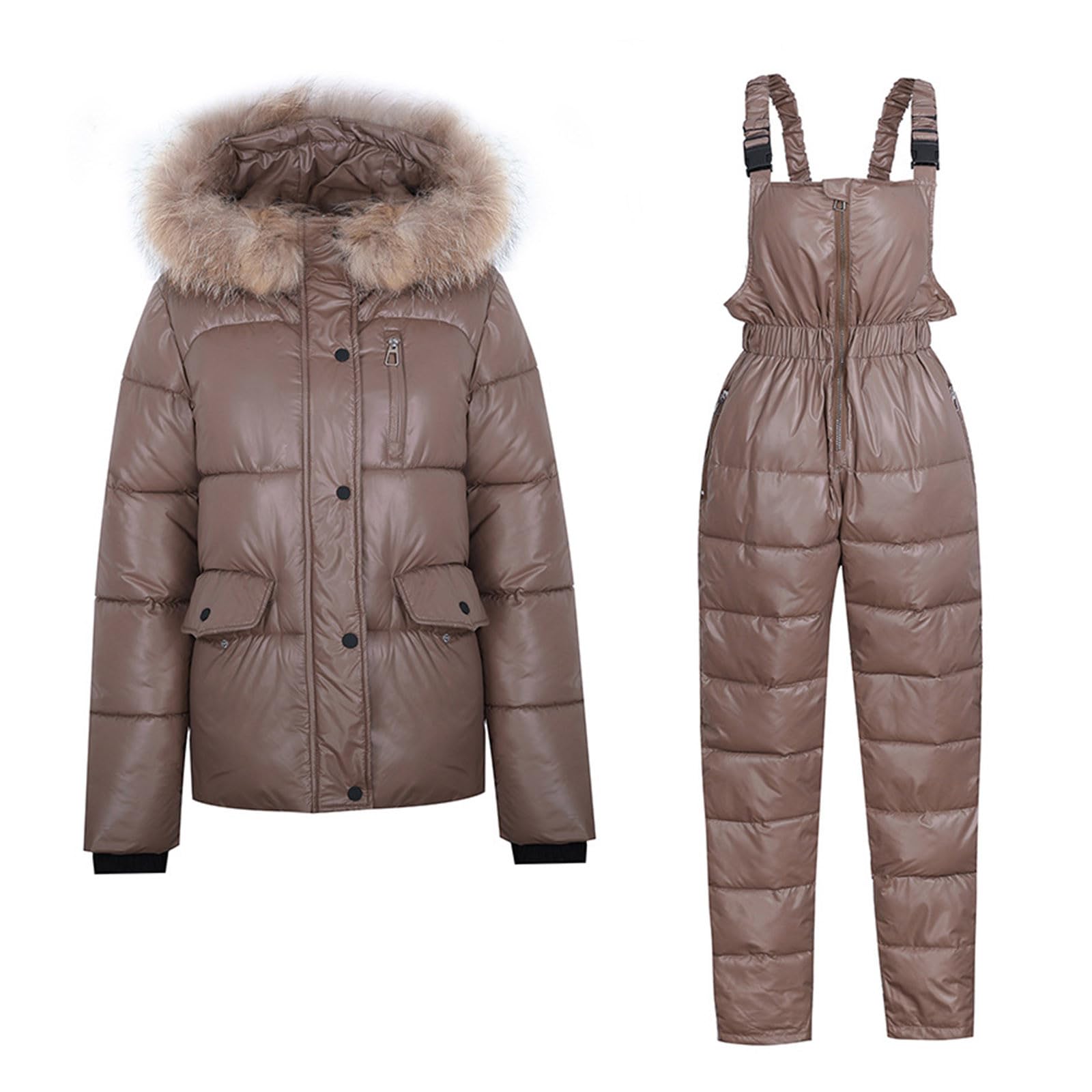 Liquidazione della vendita Set di due pezzi da donna Tuta da neve invernale Casual a maniche lunghe con cappuccio piumino e salopette tuta da neve all'aperto, 2025 Felice anno nuovo, Caff, XXL