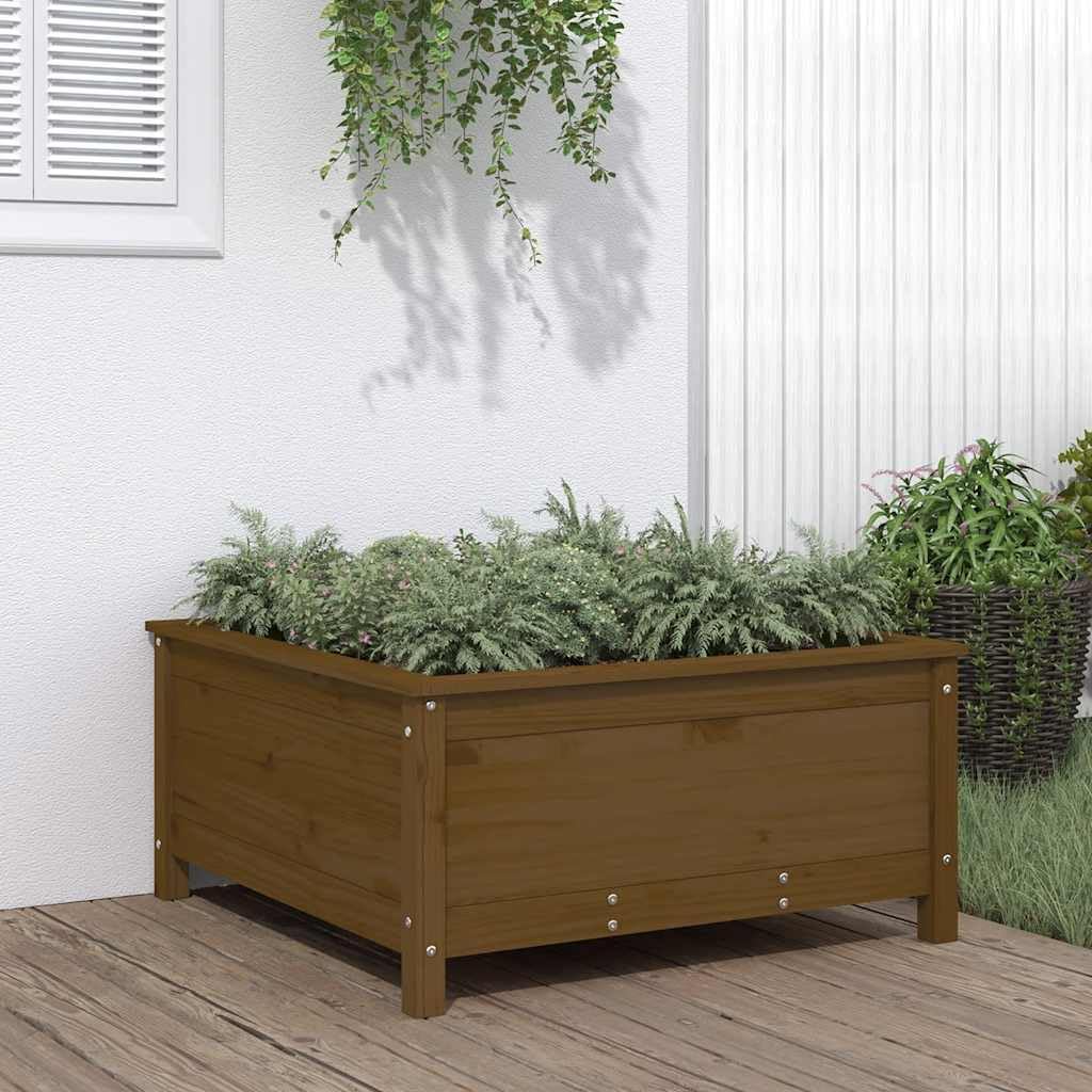 Maceta clásica de jardín de pino para terraza y exterior, robusta jardinera rectangular de madera y macetero, maceta de jardín marrón miel 82,5 x 82,5 x 39 cm