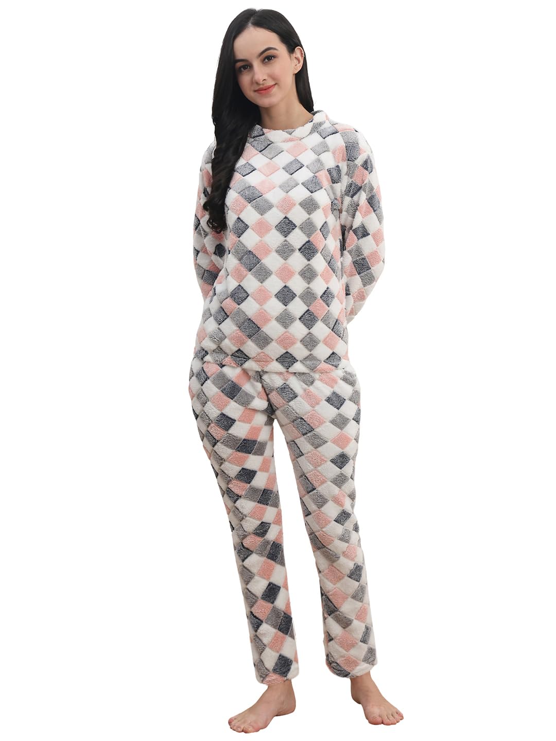 Multicolor Check Design Fur Winter Night Suit-image-19