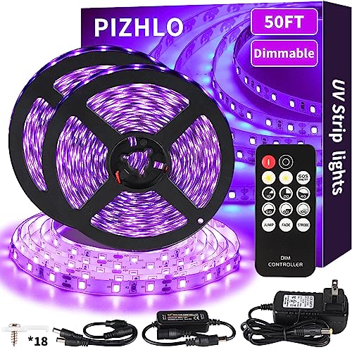 PIZHLO Upgraded 50ft/15M LED Black Light Strip Set with Remote, 900 LEDs, 12V Self-Adhesive Dimmable Black Light Fixture, for Dance Parties, Interior Decoration, Stage Lighting, Non-Waterproof, Purple PIZHLO Upgraded 50ft/15M LED Black Light Strip Set with Remote, 900 LEDs, 12V Self-Adhesive Dimmable Black Light Fixture, for Dance Parties, Interior Decoration, Stage Lighting, Non-Waterproof, Purple