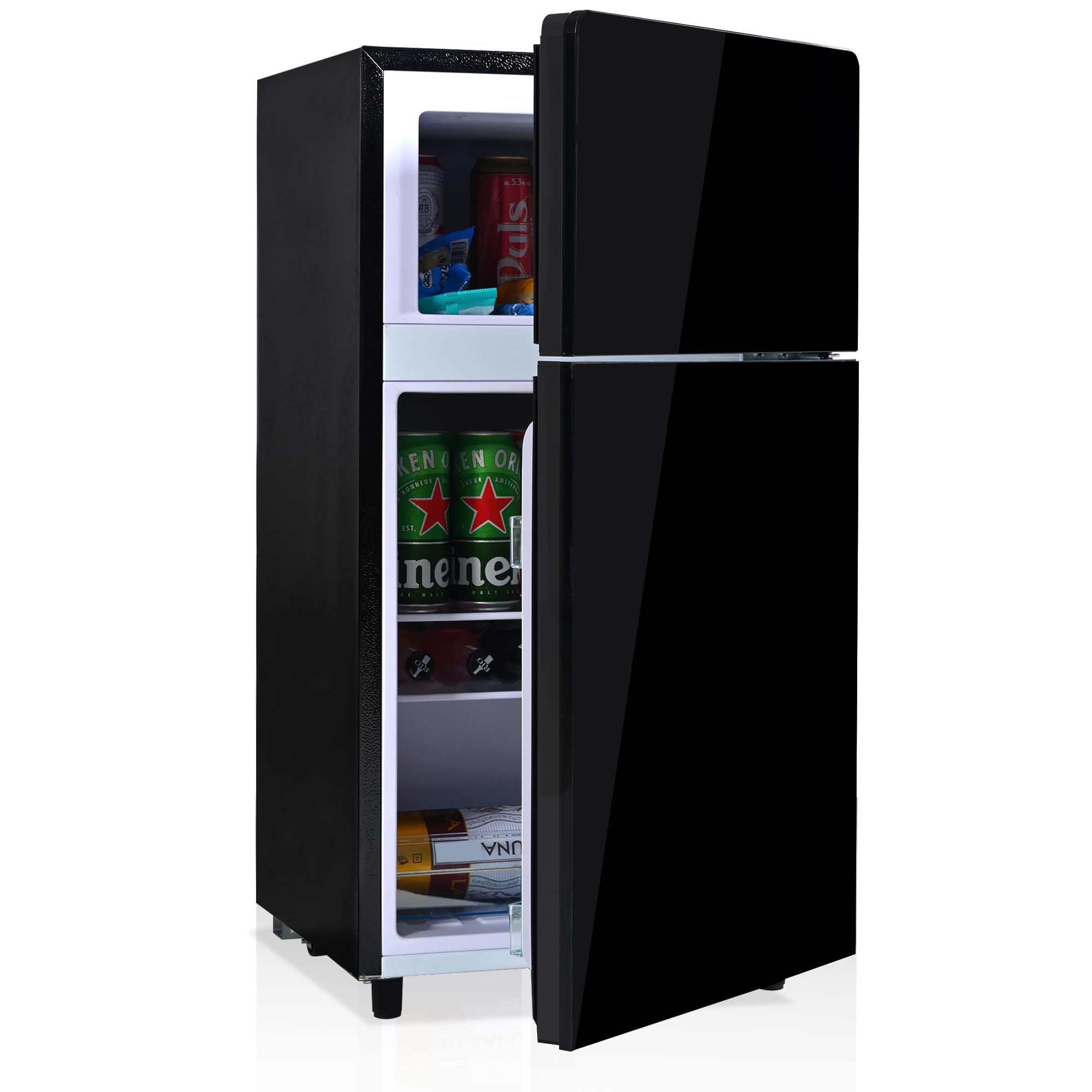 vutizal Mini frigorifero con congelatore 72 l, porta in vetro nero, extra silenzioso, 39 dB, 7 livelli di temperatura, risparmio energetico