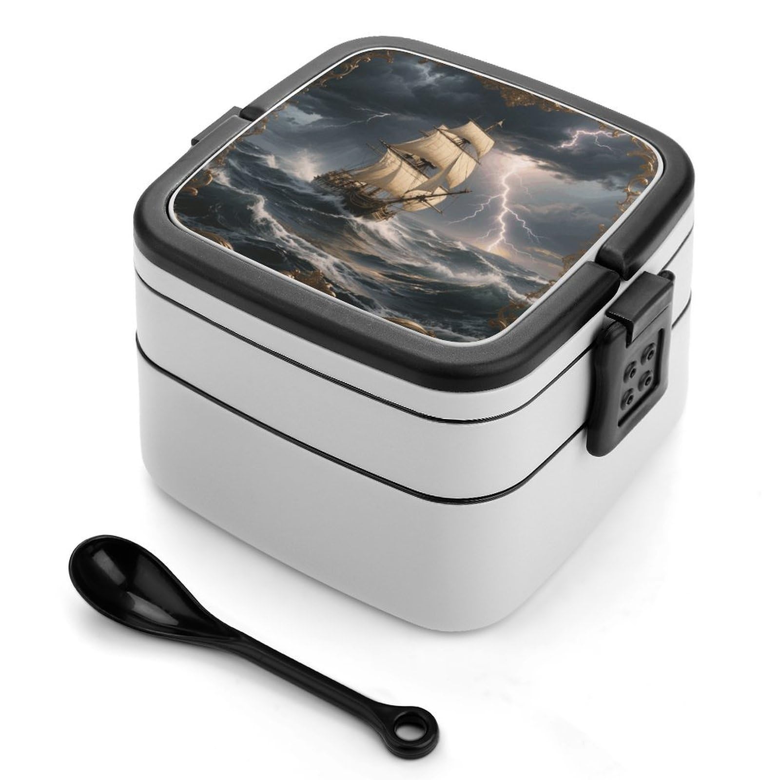 VstaDank Sailing Ship in Stormy Sea Bento Box with Compartments Portable Lunch Containers with Spoon Leak Proof Bento Lunch Box Snap-On Design Double-Layer Insulated Lunch Boxes for Work Camping