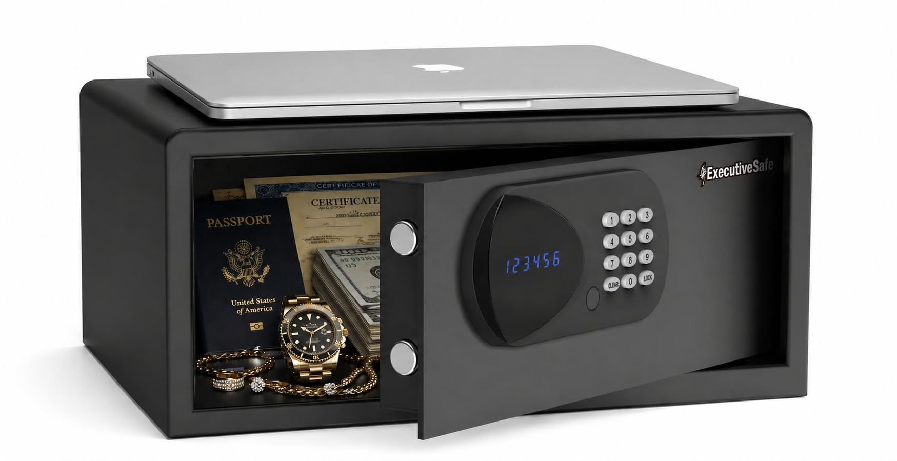 ExecutiveSafe ACS-4 Large Digital Laptop Safe Box for Home, Office & Hotel – Fits 17” Laptop, Electronic Keypad, Motorized Bolts, LED Display, USB Port & Emergency Key Lock – 23.4L Black Safe