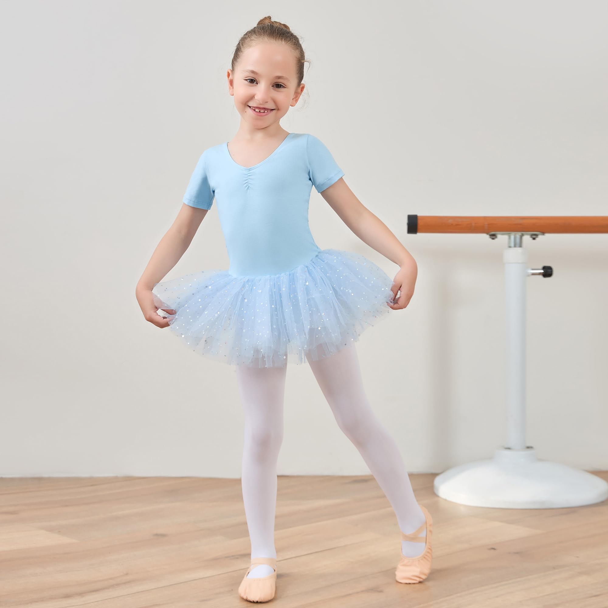 Robe de Tutu de Ballet de Filles avec du Tulle Brillant croisé en Croix à Manches Courtes Leotard de Danse à Manches Courtes