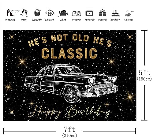 Miniatura 4 de Aperturee Telón de fondo retro para automóvil de 7 x 5 pies para fiesta de cumpleaños, Hes Not Old Hes Classic 1950s Vintage Car Funny Classic Car