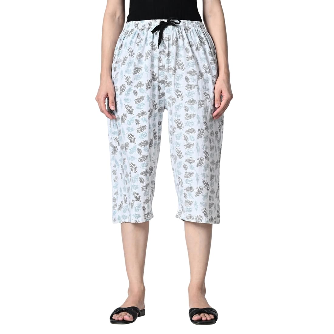 Women Pure Cotton Printed Loose Fit Capris 3/4th Pants (Pack of 1) White-image-10