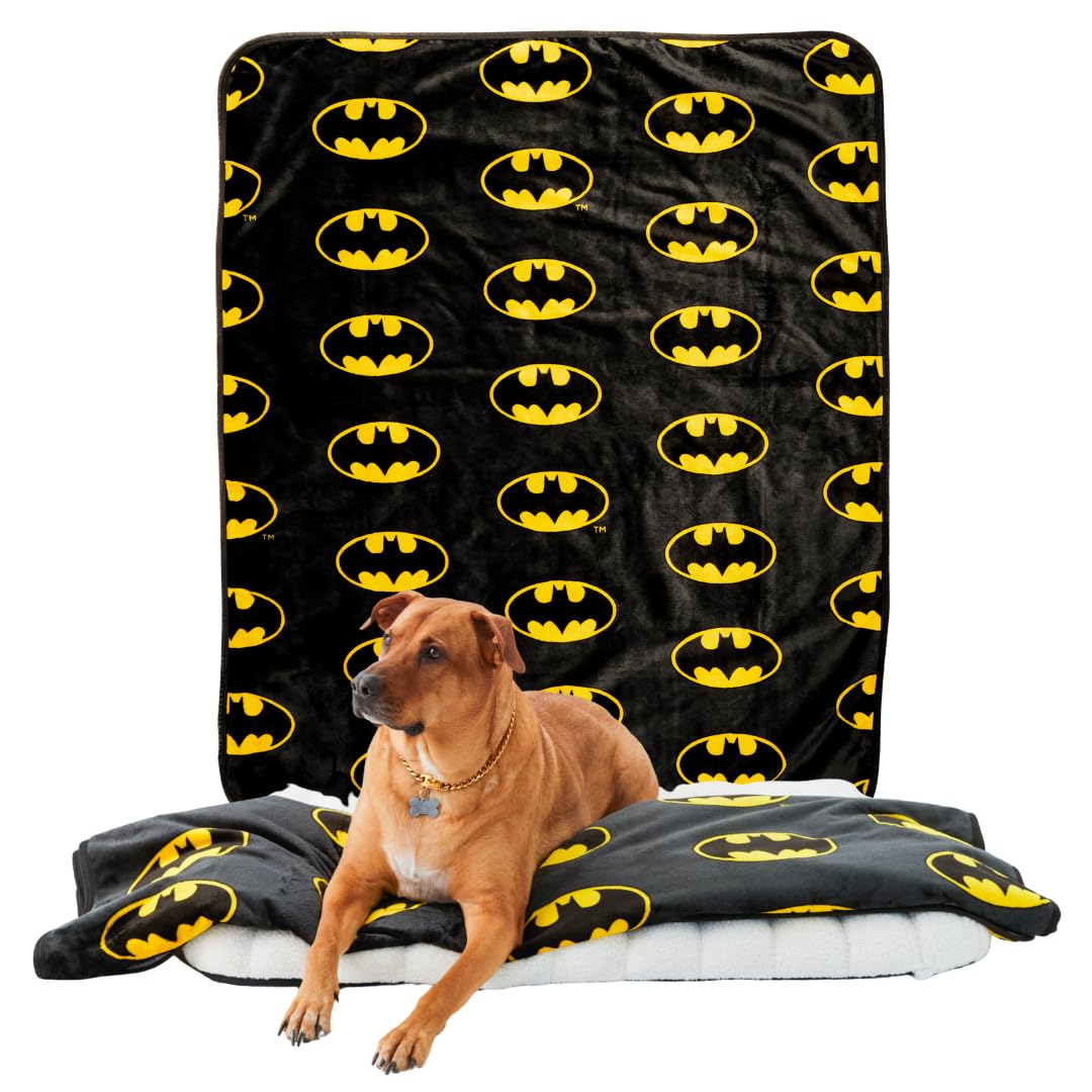 Franco Pet Batman DC Comics Bat Shield Logo XL Oversized Super Soft Cozy Waterproof Sherpa-Backed Blanket Throw for Large Dogs, Couch/Bed/Car, 60x80 (
