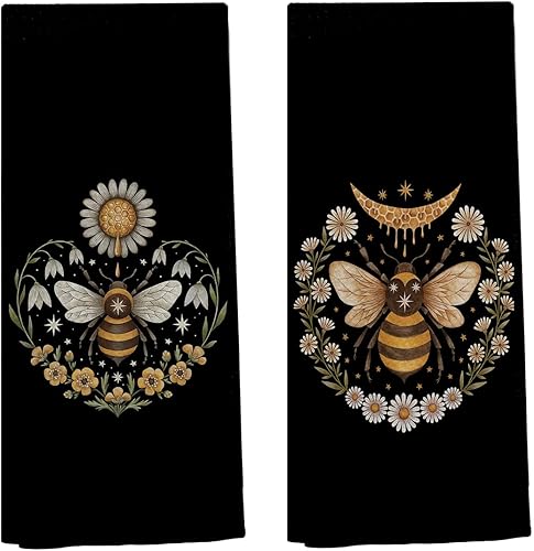Knibeo Juego de toallas de cocina de abejas, bonitas toallas de mano, 2 toallas de mano de abeja de 16 x 24 pulgadas, toallas de mano de baño,