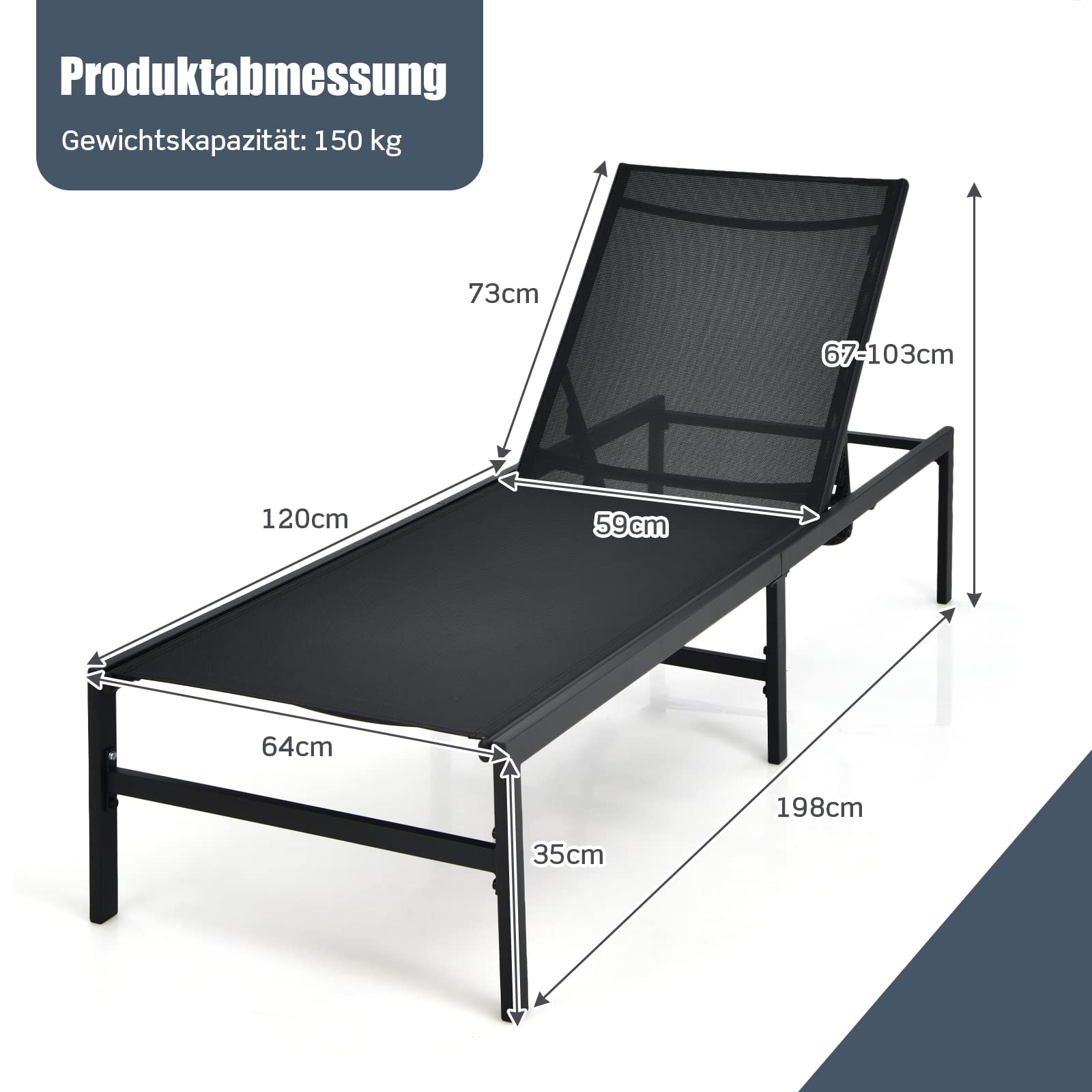 COSTWAY Sonnenliege, Liegestuhl mit 6-stufig Verstellbarer Rückenlehne, Atmungsaktiver Stoff, Gartenliege für Poolbereich, Strand, Terrasse (Schwarz)
