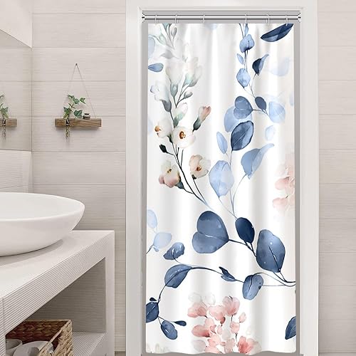 Cortina de ducha con diseño de eucalipto azul acuarela, juego de cortina de ducha pequeña para caravana, impermeable, decoración de baño floral de