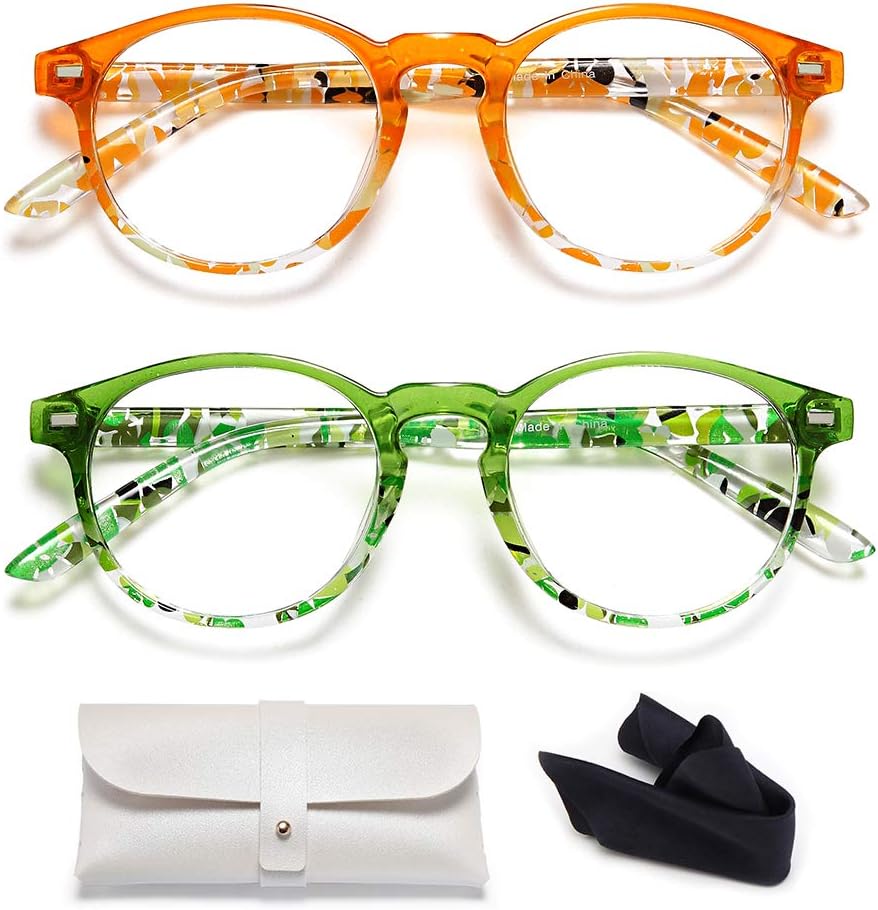 EYEURL Round Reading Glasses - 2 Pack Blue Light Blocking for Women Readers 1.25 Computer Clear Lens Anti UV Ray Fashion Pattern Print