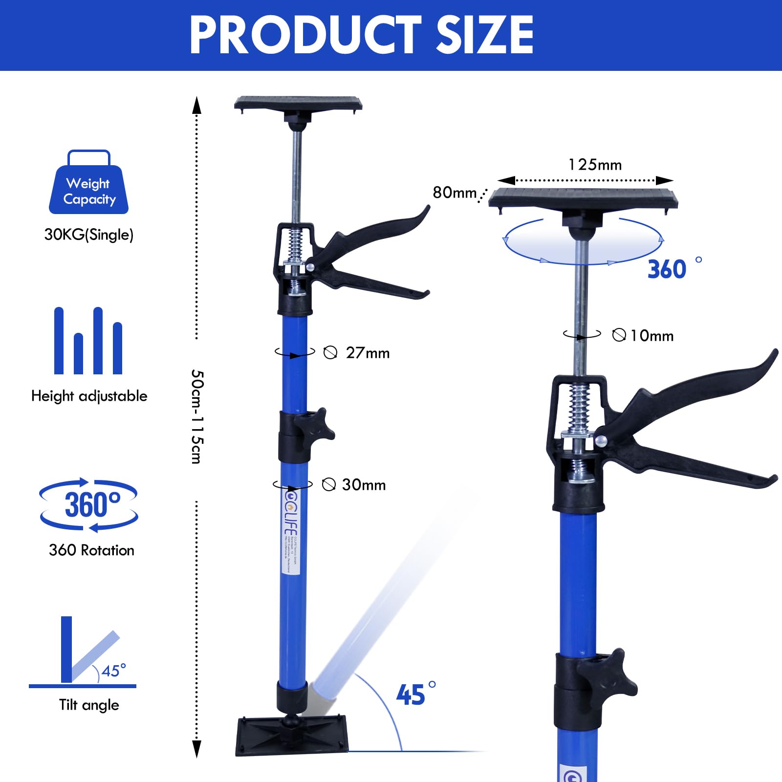 CCLIFE 2 piezas Puntales Techo Puntal Telescópico Soporte Techo Soporte Telescópico Extensible de 50-115 cm Carga hasta 30 kg Tensores de Puertas para Construcción Obras