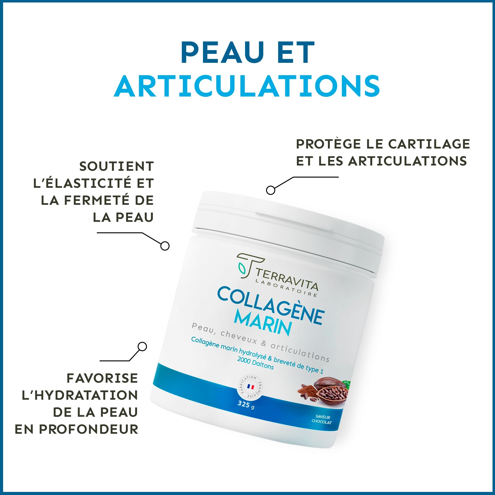 COLLAGÈNE MARIN Breveté en Poudre | 325 Grammes de Peptides de Collagène Purs de Type 1 | Articulations Souples, Peau Lisse et Hydratée | Goût Chocolat | Filière 100% Française | Terravita
