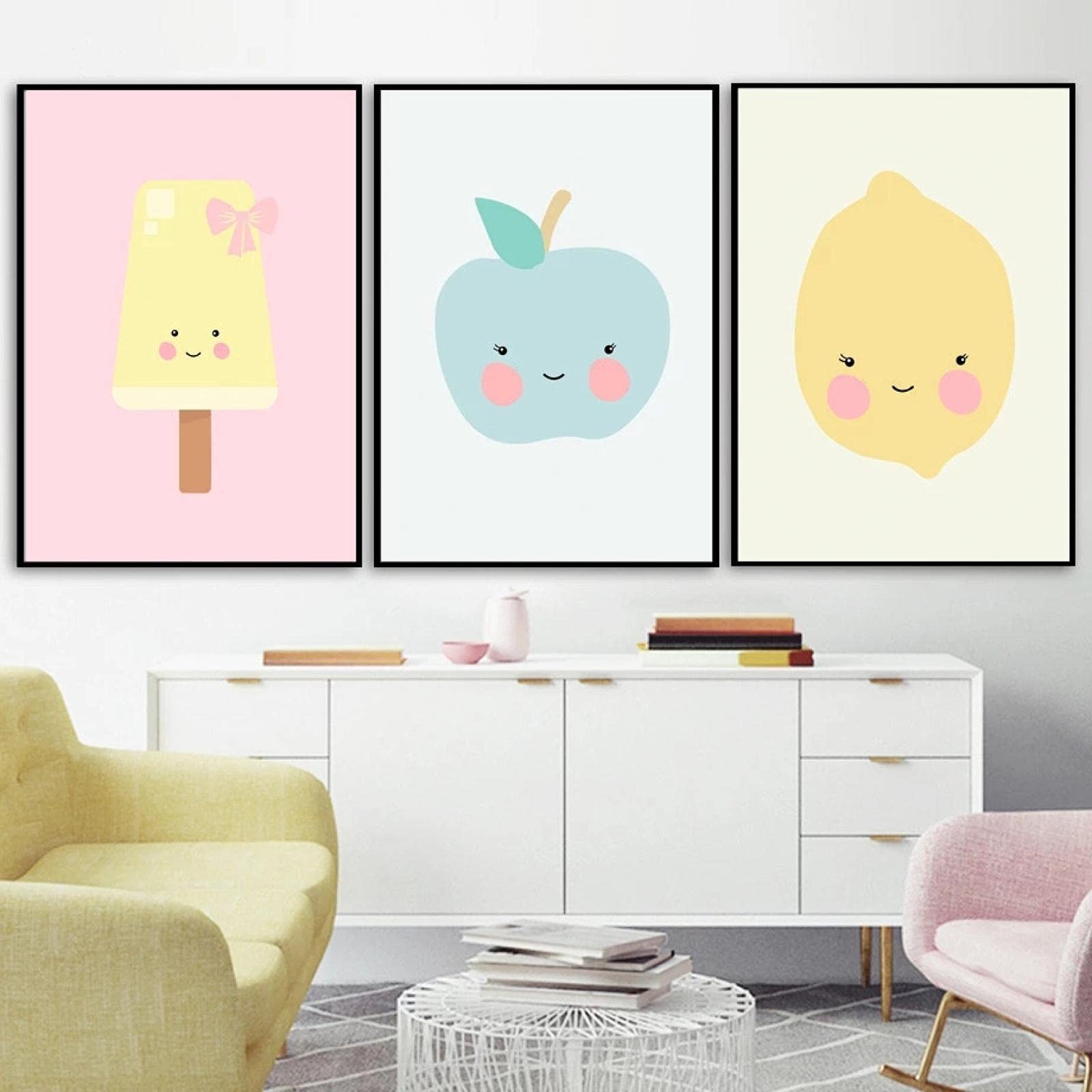 Yooyu Impresiones Lienzo Fruta Manzana Pera Mango Helado Carteles Pintura HD Arte de la Pared del Cuarto de niños Imágenes Habitación de los niños Decoración del hogar 40x50cmx3 Marco Interno