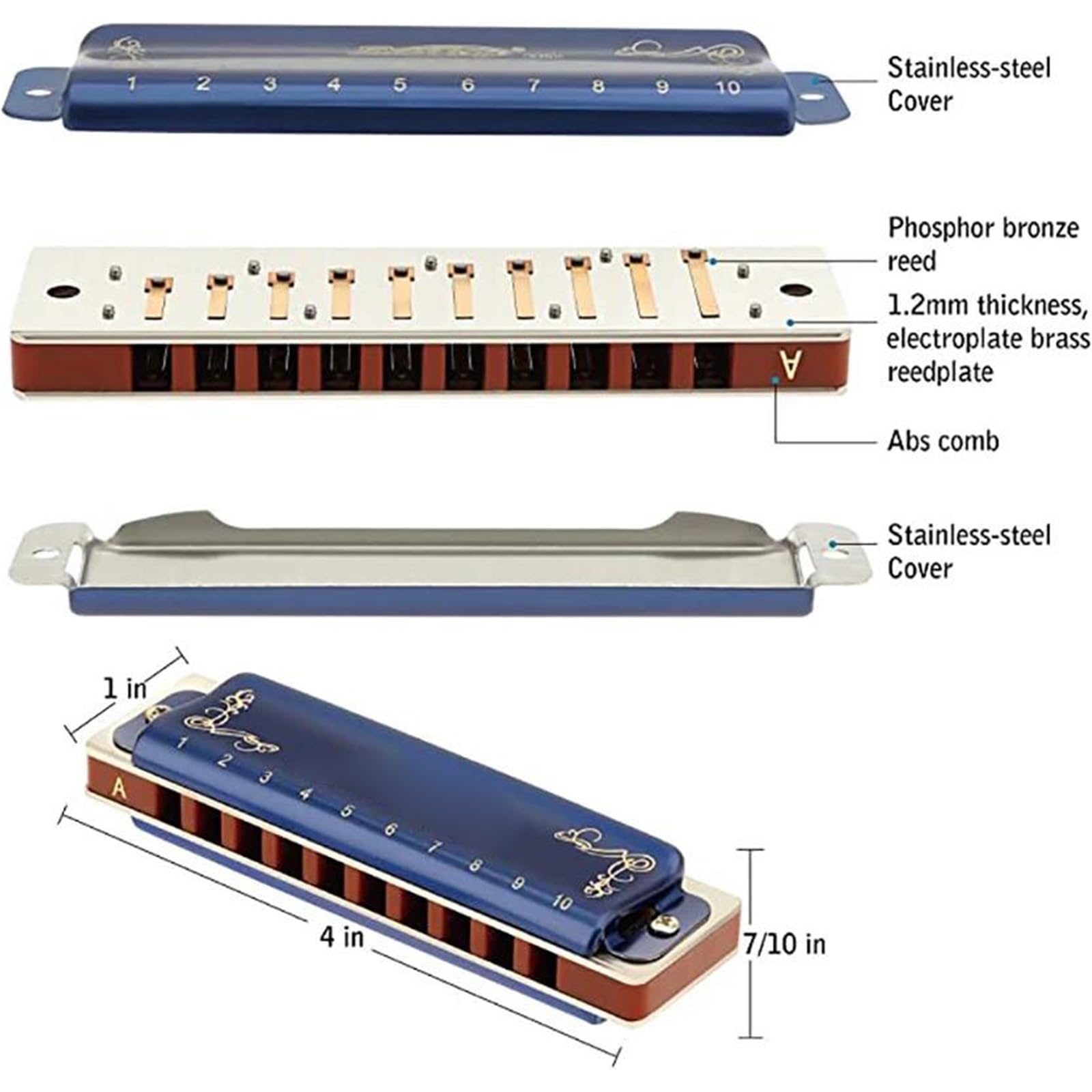 Harmonijka Ustna 10-otworowa Harmonijka Ustna Blues Diatonic Mouth Harp Dostępna W Trzech Kolorach Początkujący Dorośli Profesjonalni Gracze Instrumenty(F)