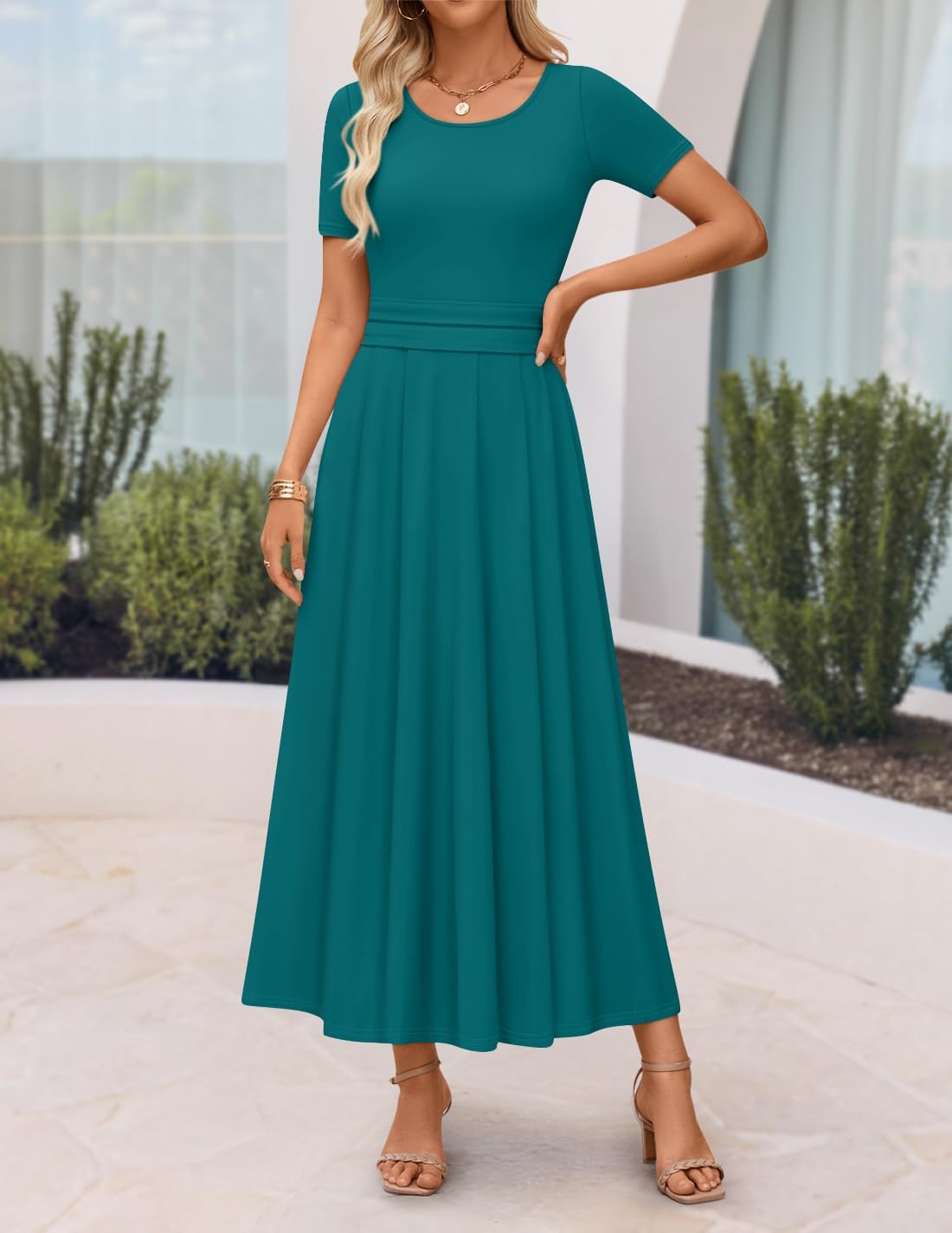 ZESICA Women's Summer Short Sleeve Maxi Dress 2026 Casual Crewneck Pleated A Line Flowy Long Dresses with Pockets - Image 2