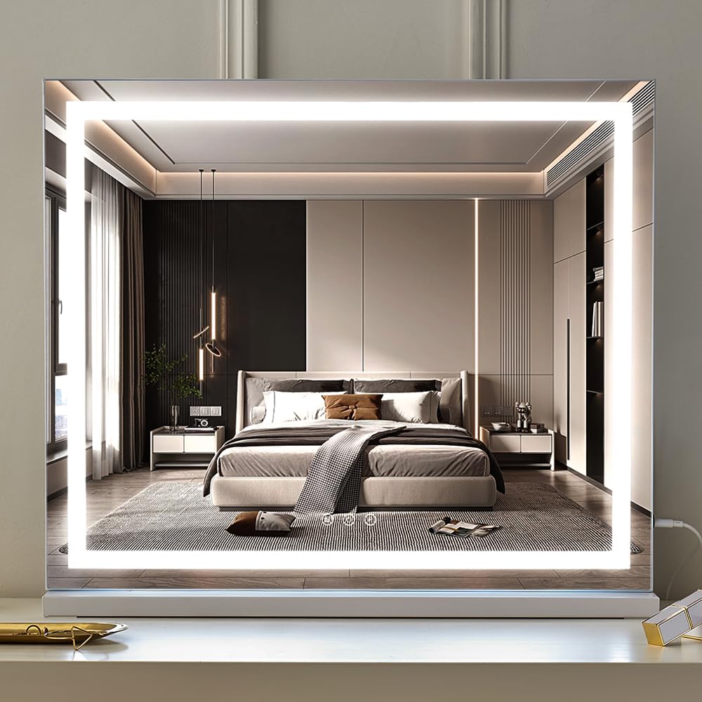 HIEEY Lighted Makeup Mirror, 24.6" x 20.5"Vanity Mirror with Lights, Three Color Lighting Modes, with 5X Magnification Mirror, Smart Touch Control (White)