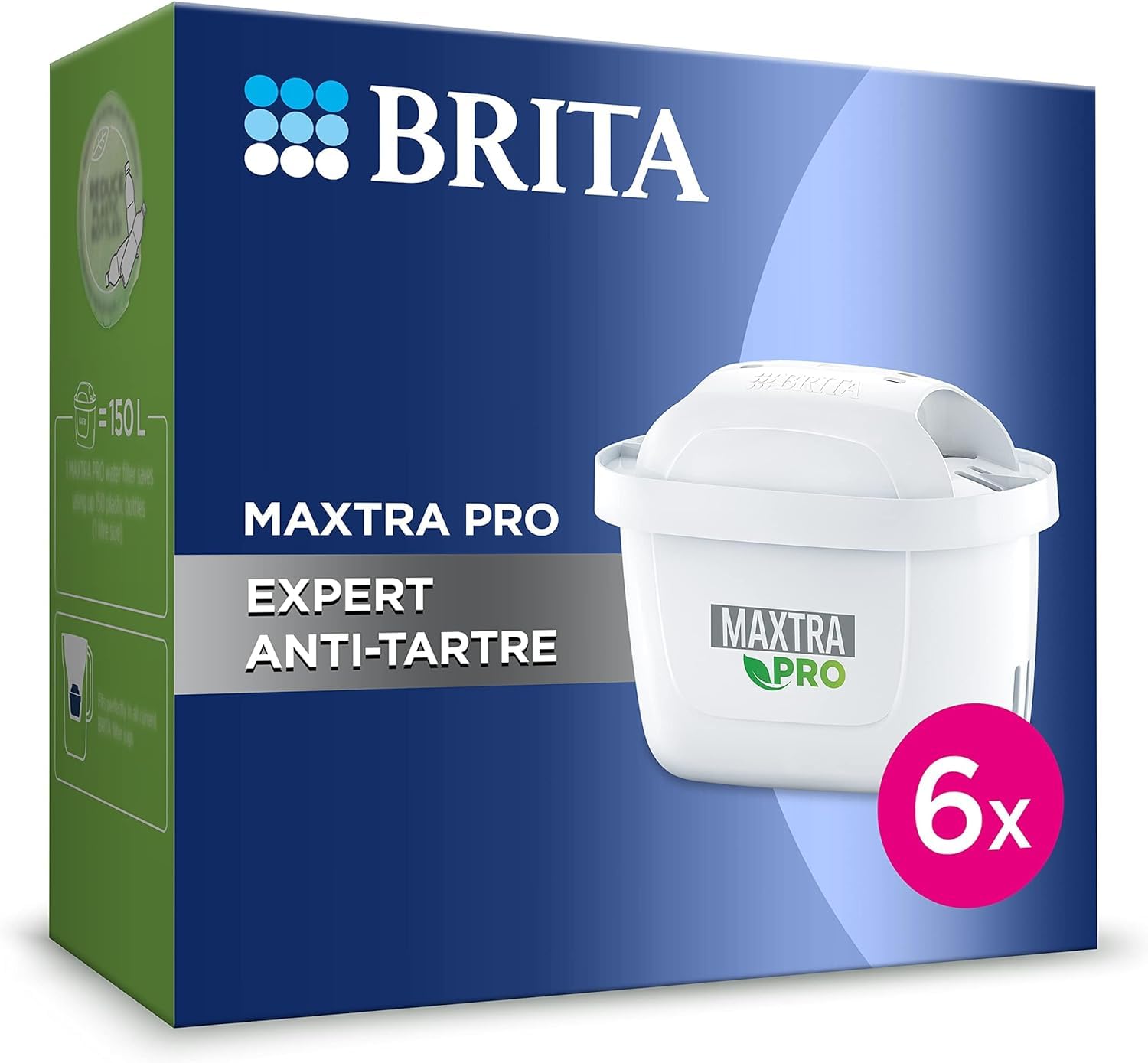 BRITA Carafe Filtrante Verre Bleue (2,5l) incl. 1 cartouche filtre eau robinet MAXTRA PRO All-in-1 & Cartouche Filtre Eau Robinet MAXTRA PRO Expert anti-tartre - Pack de 6