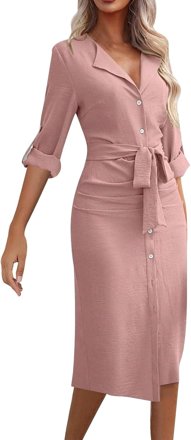 HGps8w Women's Button Down Linen Pencil Dress, Long Sleeve Casual Lapel Collar Slim Fitted Formal Party Cocktail Midi Dress