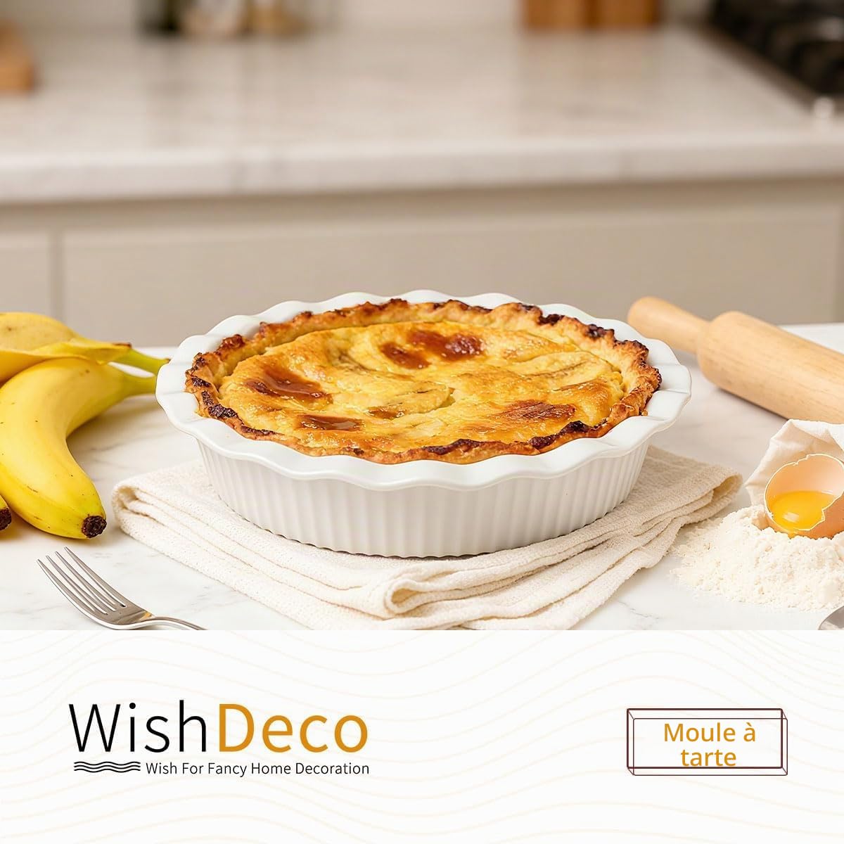 WishDeco Moule à Tarte 23 cm, Moule à Quiche en Céramique Rond 1500 ml, Plat Four à Gratin Blanc, Résistant au Four
