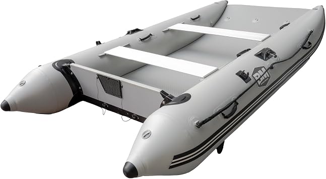 11ft Inflatable Catamaran Boat for Adults, 5-Person Fishing Boat with Drop-Stitch Floor, 15HP Motor Mount, Heavy-Duty Inflatable Dinghy with Aluminum Oars and Seats, Includes HIN for Registration