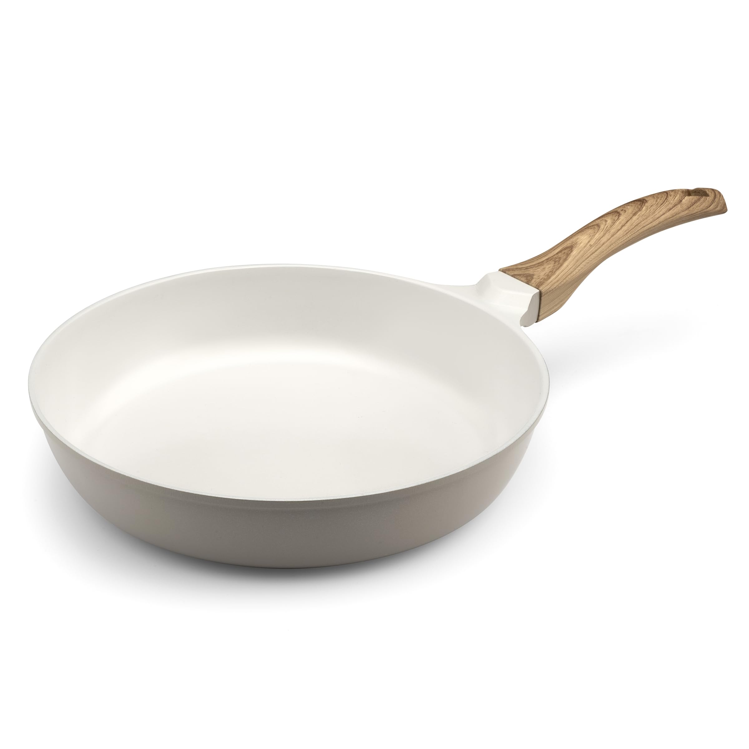 Cuisinox - Mythic - Poêle 28 cm avec revêtement en céramique blanche - Poignée Fixe Soft Touch effet bois - Sans PFOA et PFAS - Coloris Blanc et Gris