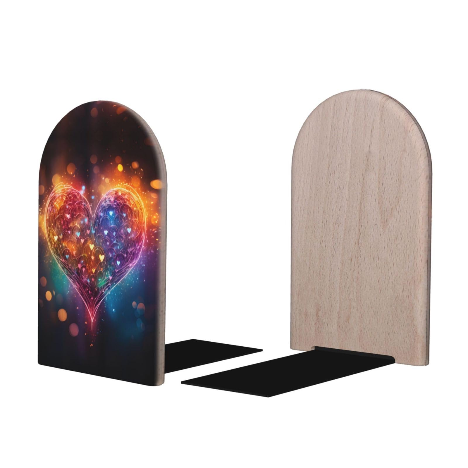 Mexpekil Abstract Glow Love Heart Wooden Bookends for Shelves Heavy Duty Book Holder Organizer Non-Slip Book Stopper for Desk Office Library for Readers 1 Pair