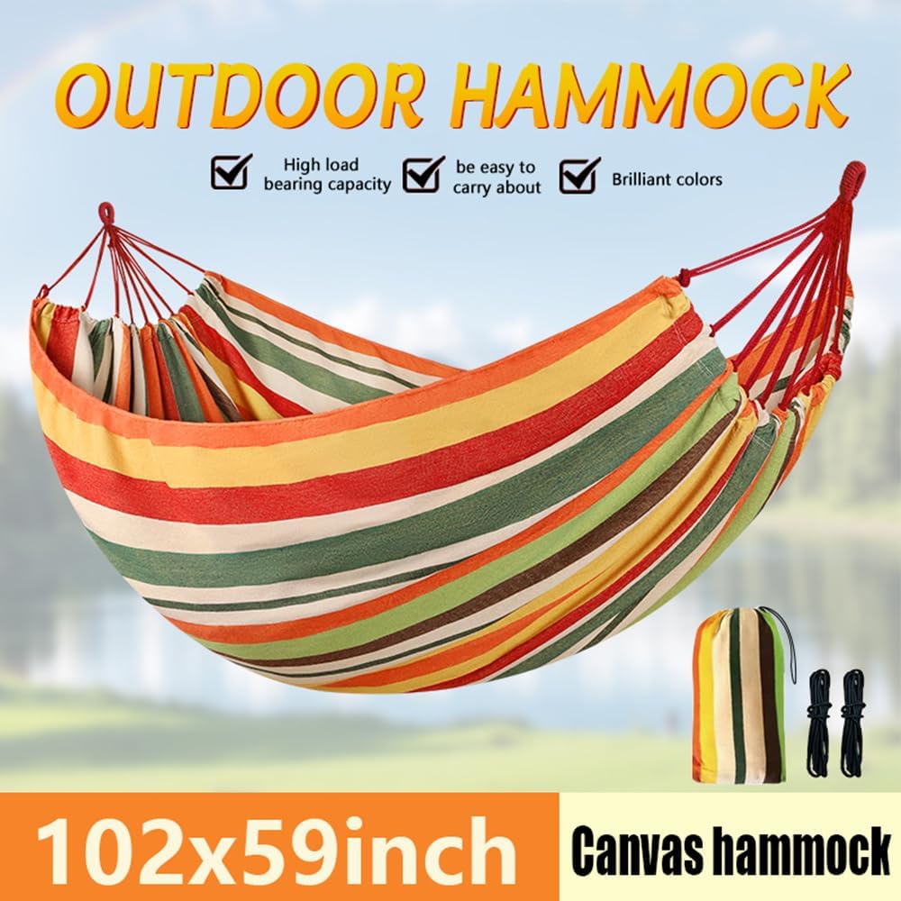 Cotton Canvas Hammock, Comfortable Fabric Camping Hammock with Tree Straps, Up to 440lbs with Travel Bag for Camping Outdoor/Indoor Patio Backyard(Orange&Yellow, Without bar)