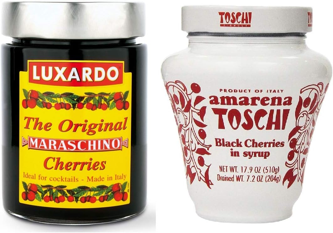 Italian Cocktail Cherry Combo Pack - 1 Jar of Luxardo Maraschino Cherries 400g and 1 Jar of Toschi Amarena Cherries 510g | For Cocktails, Ice Cream, and Desserts