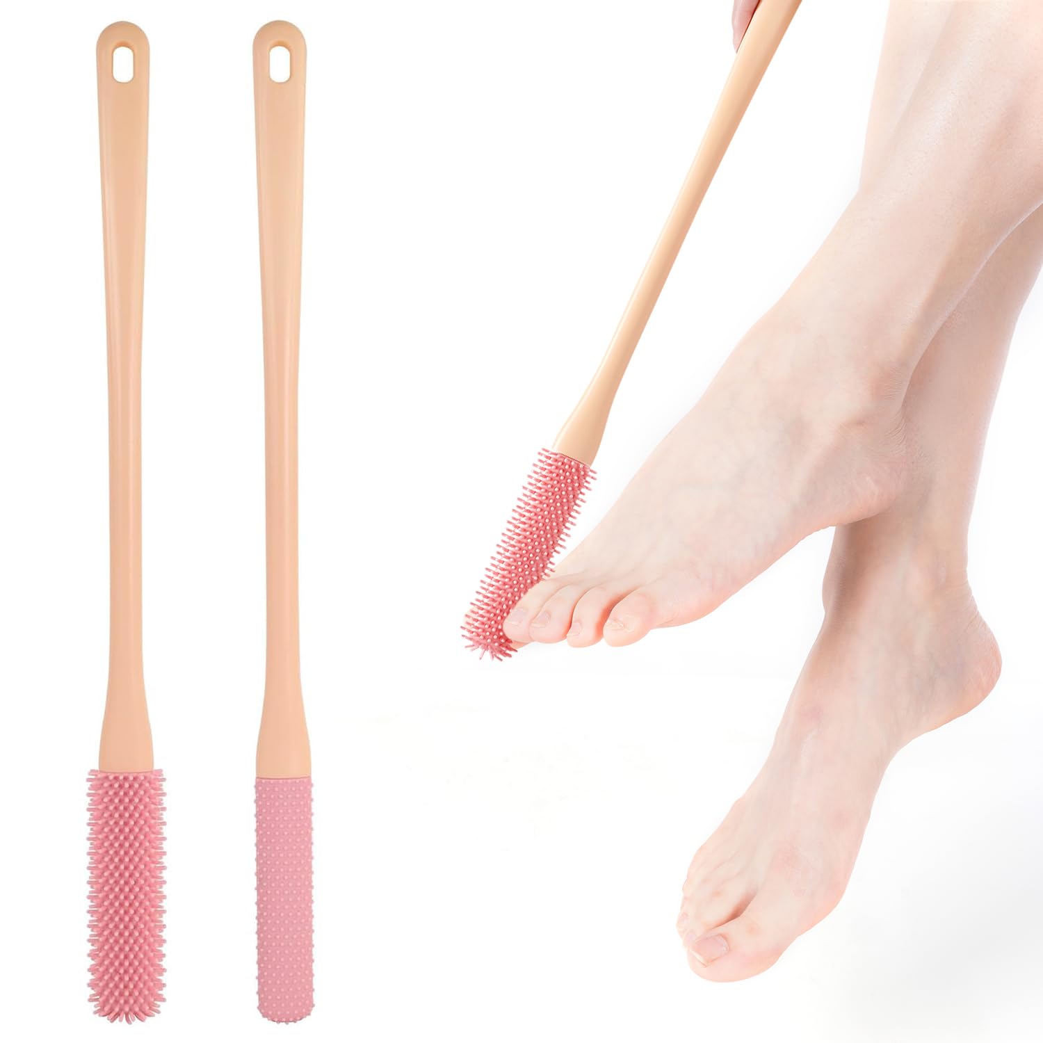 JINYJIA Cepillos para Lavar los Pies de silicona, 2pcs limpiador de dedos con mango largo, Cepillo para Lavado de Pies, cepillo de ducha para personas mayores,Rosa