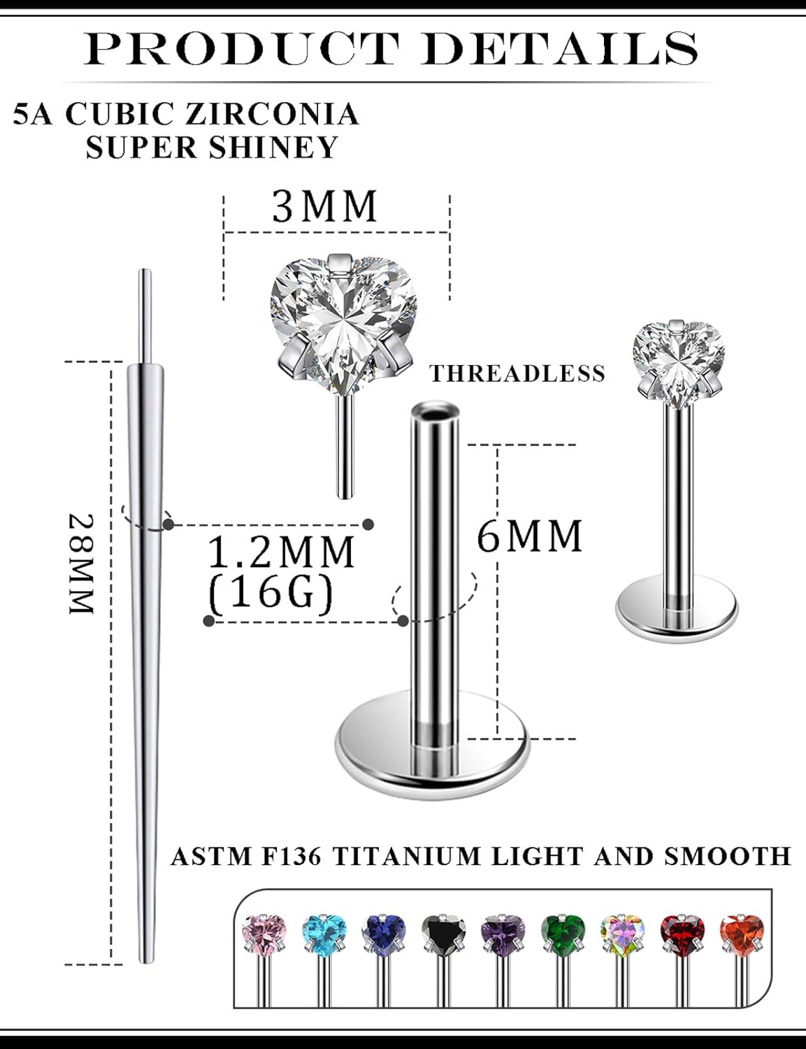 20G 18G 16G Astm F136 Titanium Threadless Flat Back Earrings Nose Studs Tragus Helix Conch Cartilage Lobe Earrings Medusa Labret Snake Bite Monroe Lip Ring Piercing Jewelry For Women Men - Image 2