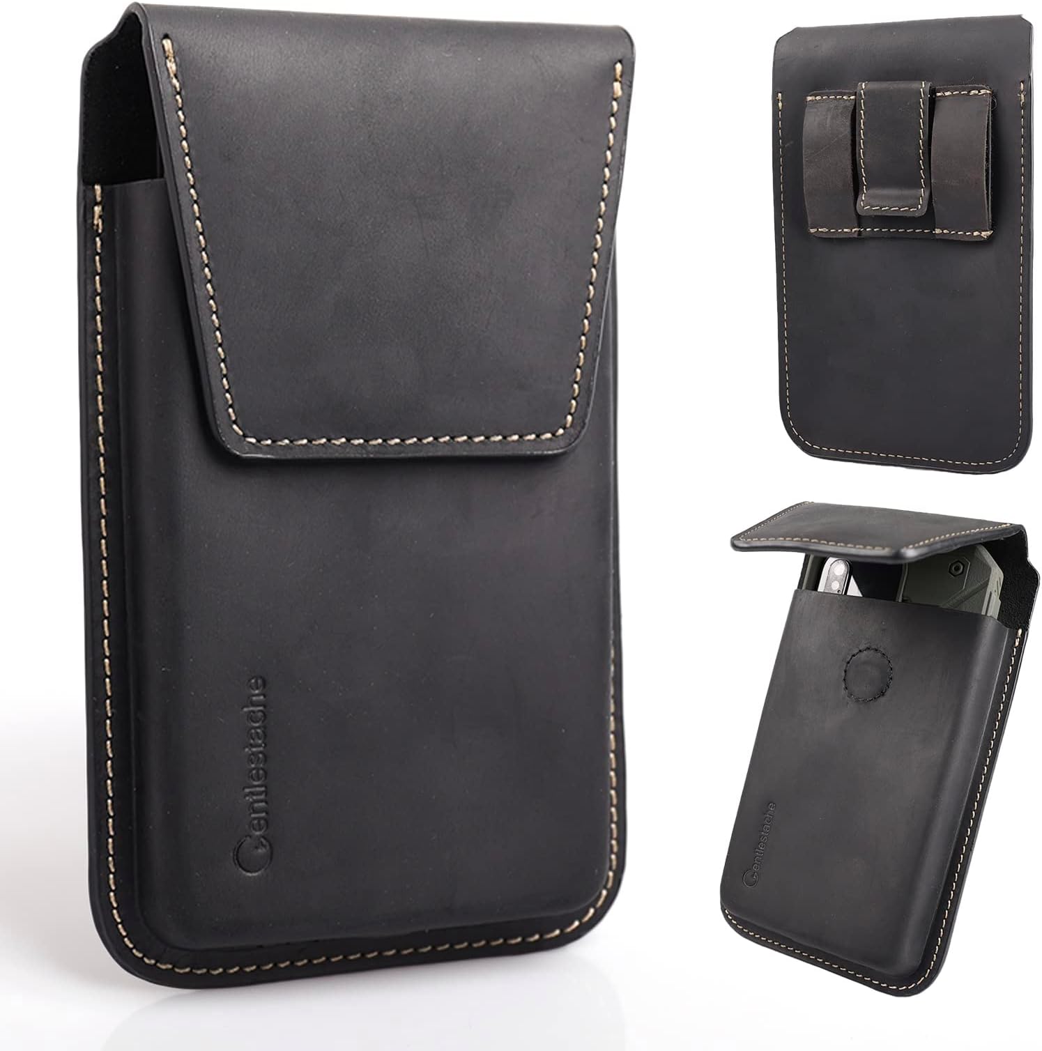Leather Phone Holster for Galaxy S25 S24 S23 - Cell Phone Case Holder for iPhone 17 17 Pro 16 Pro 16 15 Pro - Magnetic Closure Belt Clip Leather Belt Holster Case, L, Black